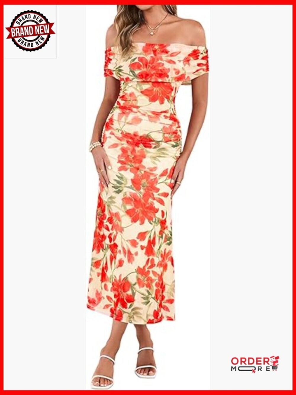 Off Shoulder Floral Maxi Dress Bodycon Ruched Wedding Guest Cocktail